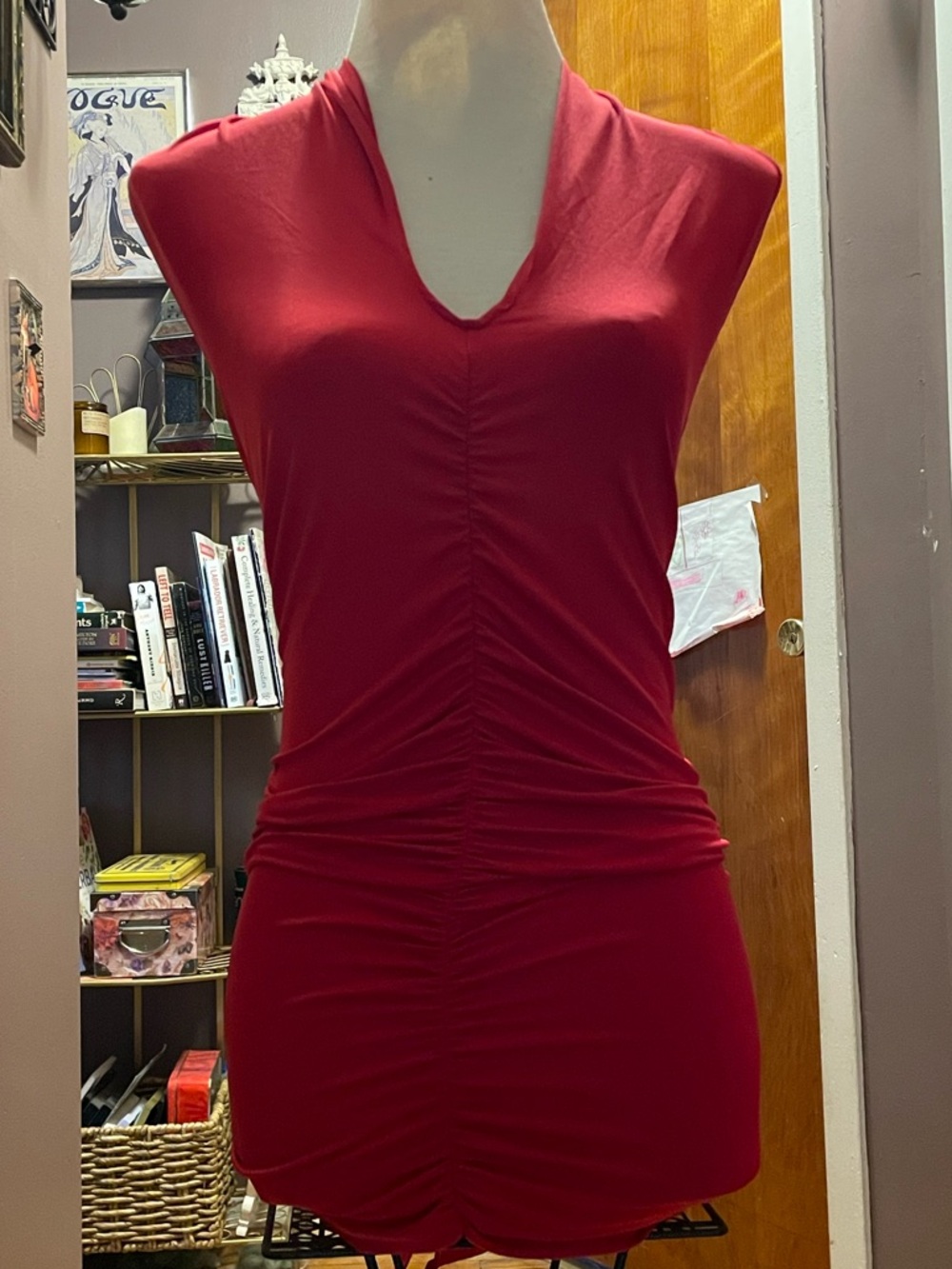 Moda International Red Sleeveless Ruched V-Neck Mini Dress